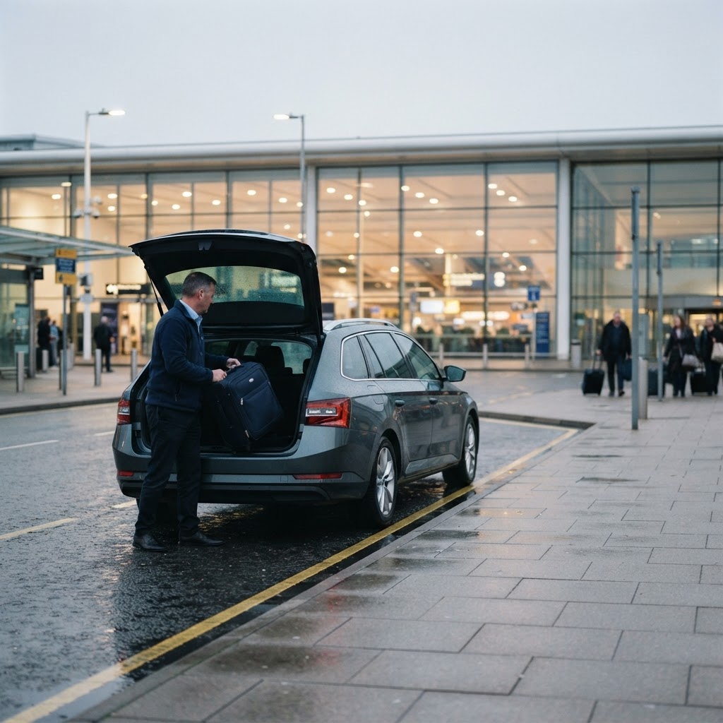 Driver loading luggage into estate car at Manchester Airport terminal at dawn