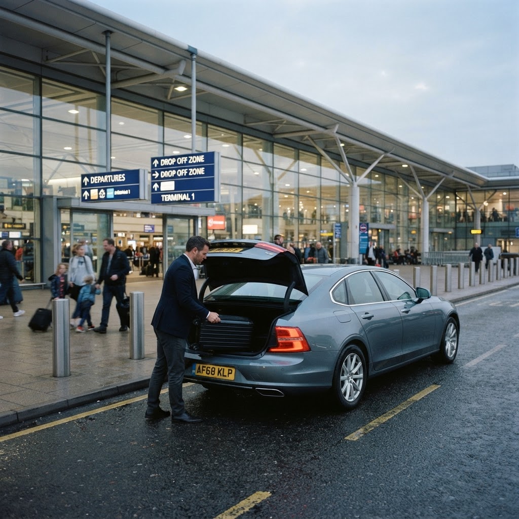 Airport taxi at a terminal drop-off with a driver handling luggage