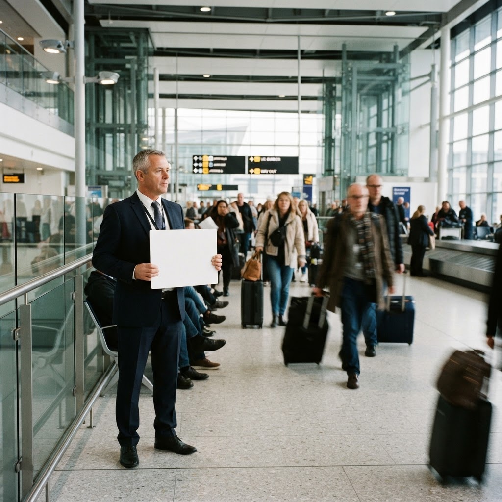 Meet-and-greet driver holding a name board in an airport arrivals hall