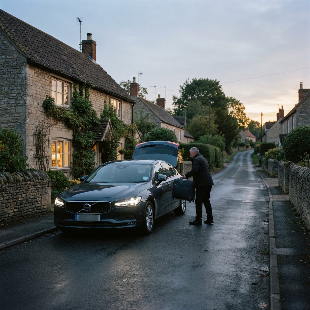 Taxi loading luggage outside a village house in Kirton in Lindsey at dawn