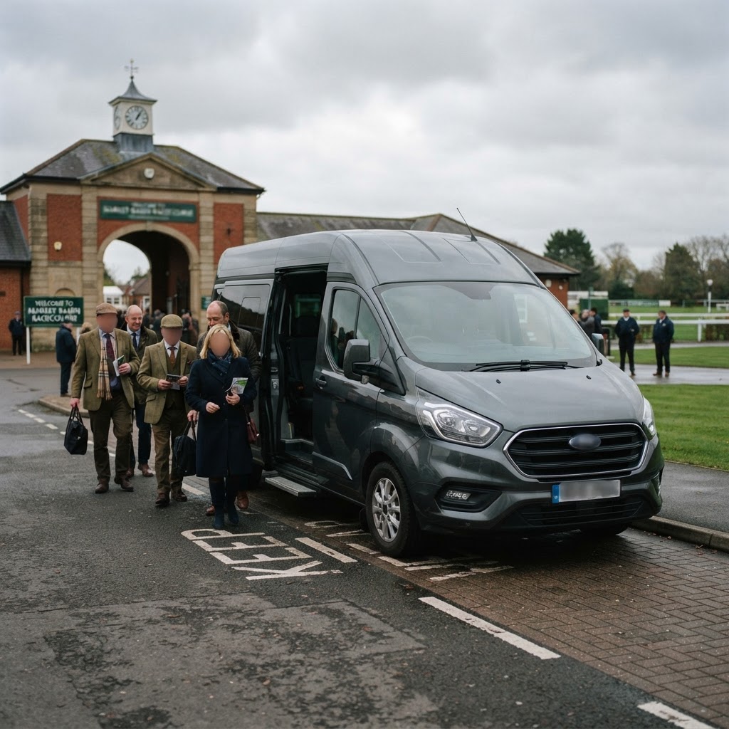 Eight-seater minibus dropping off racegoers at Market Rasen Racecourse entrance on race day