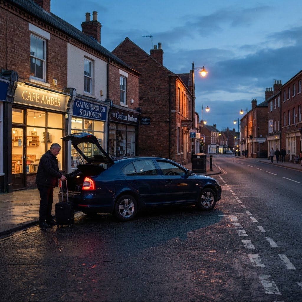 Private hire driver loading luggage into a saloon car on a Gainsborough street at dusk