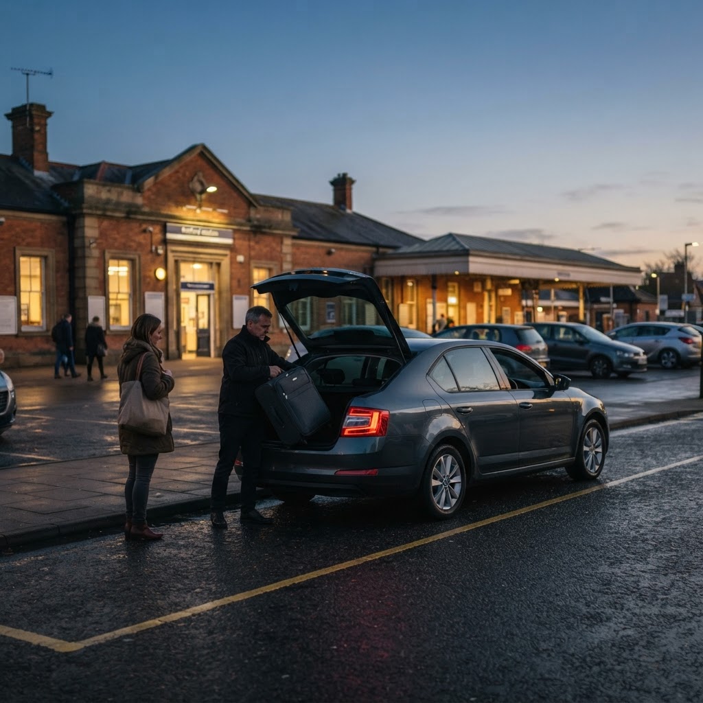 Licensed taxi waiting outside Retford train station at dusk with driver loading luggage