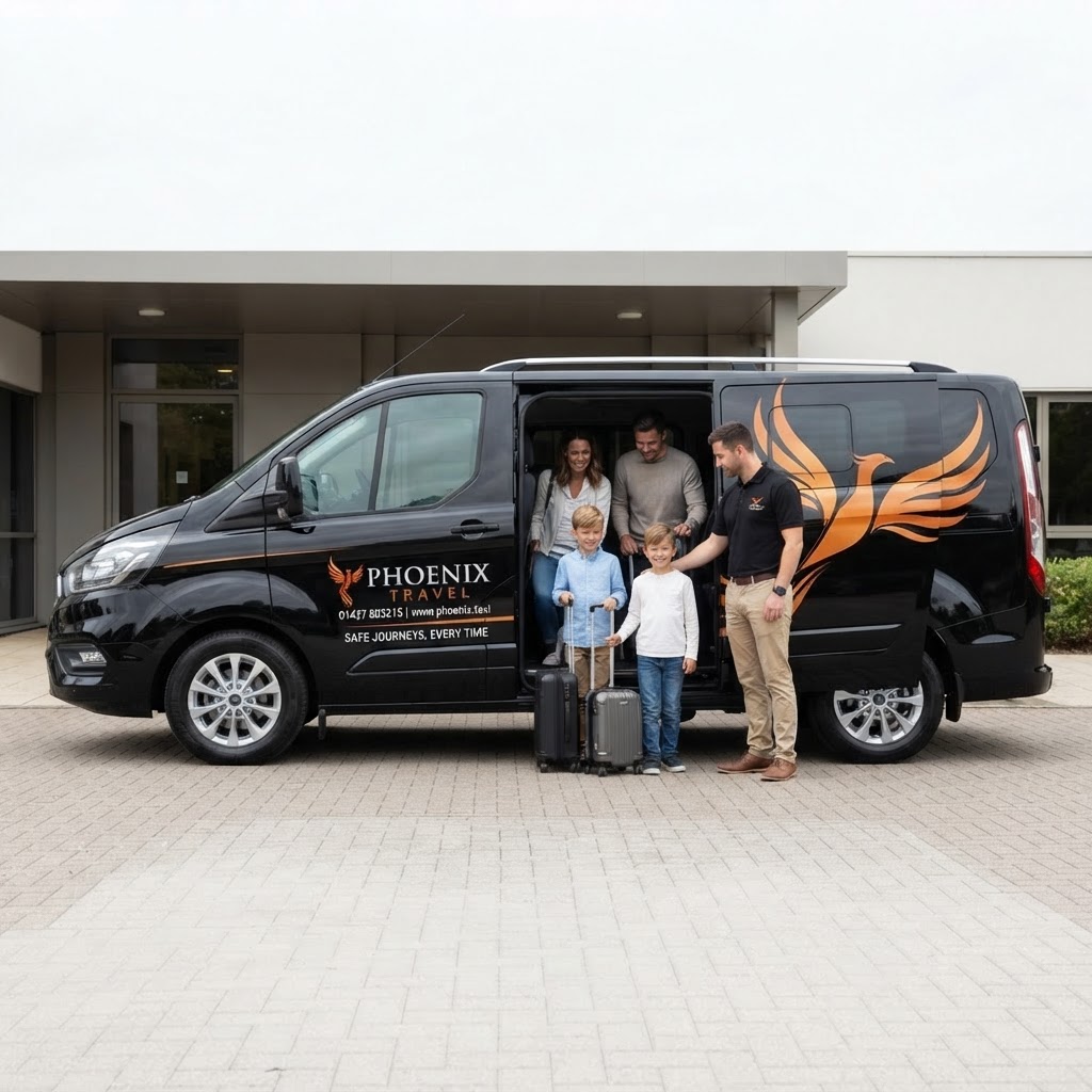 Passengers boarding a Phoenix Travel branded Ford Tourneo Custom 8-seater minibus