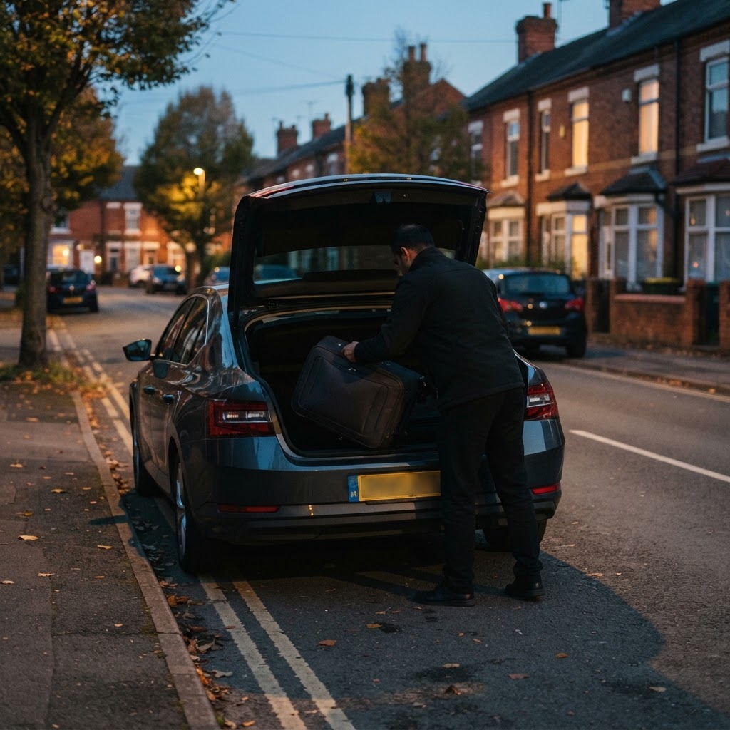 Licensed private hire saloon car parked at dusk on a Worksop street with driver loading luggage.