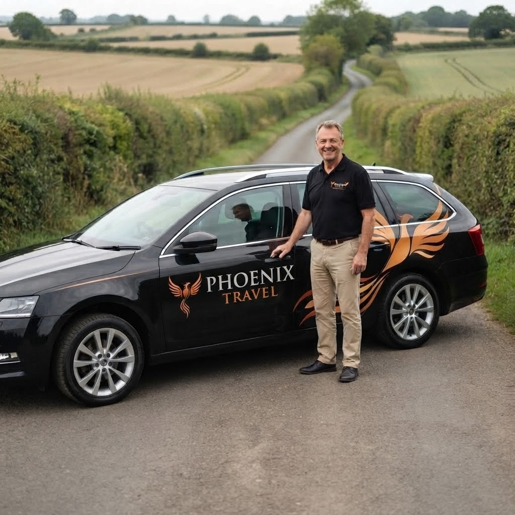 Phoenix Travel driver beside a liveried vehicle