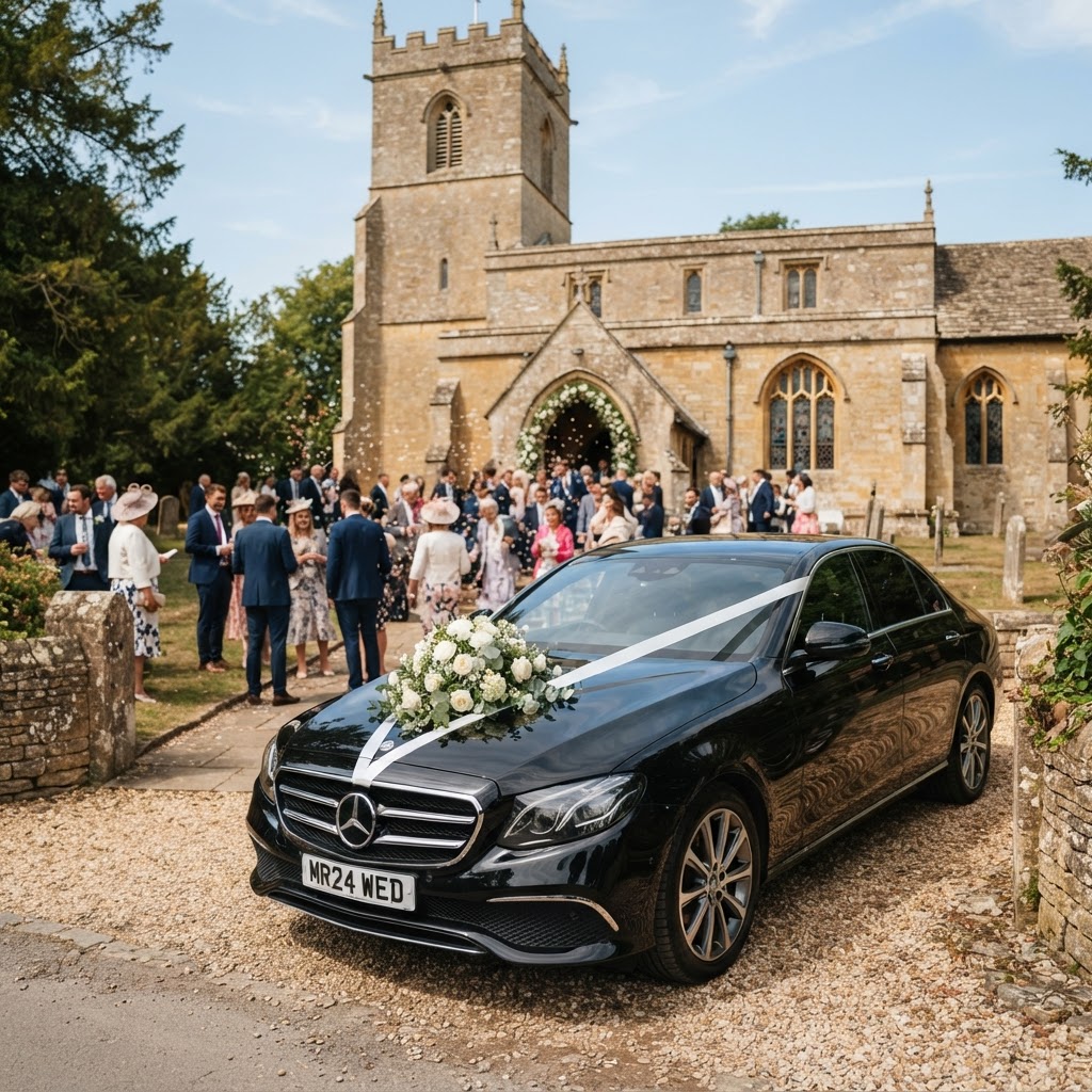 Ribboned wedding car outside a parish church, booked through Phoenix Travel wedding cars in Gainsborough, Lincolnshire