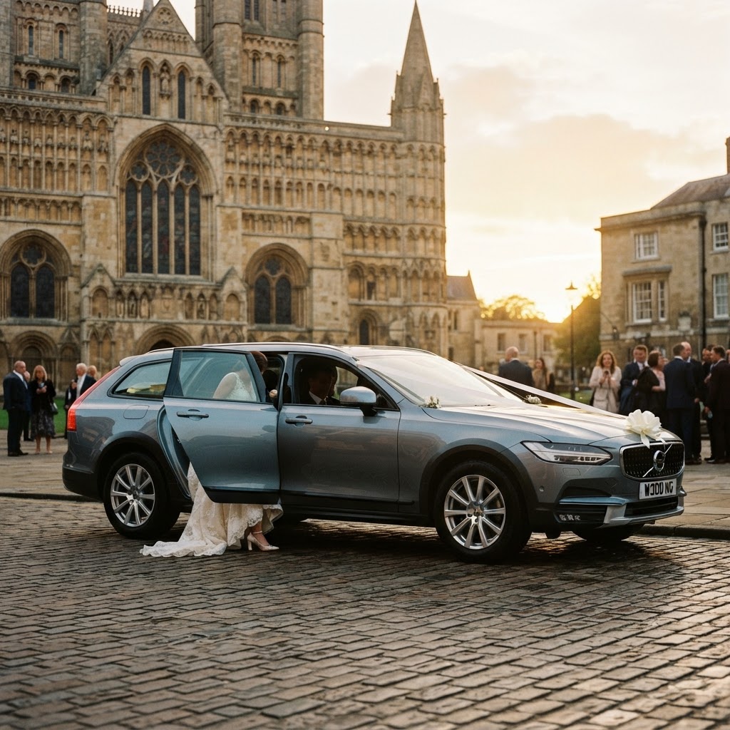 Ribboned wedding car on a cobbled street below Lincoln Cathedral, booked through Phoenix Travel wedding cars in Lincoln