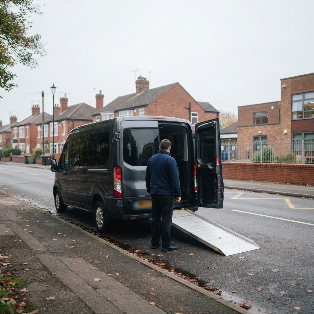 Wheelchair accessible minibus with ramp lowered outside a Lincolnshire school in the morning