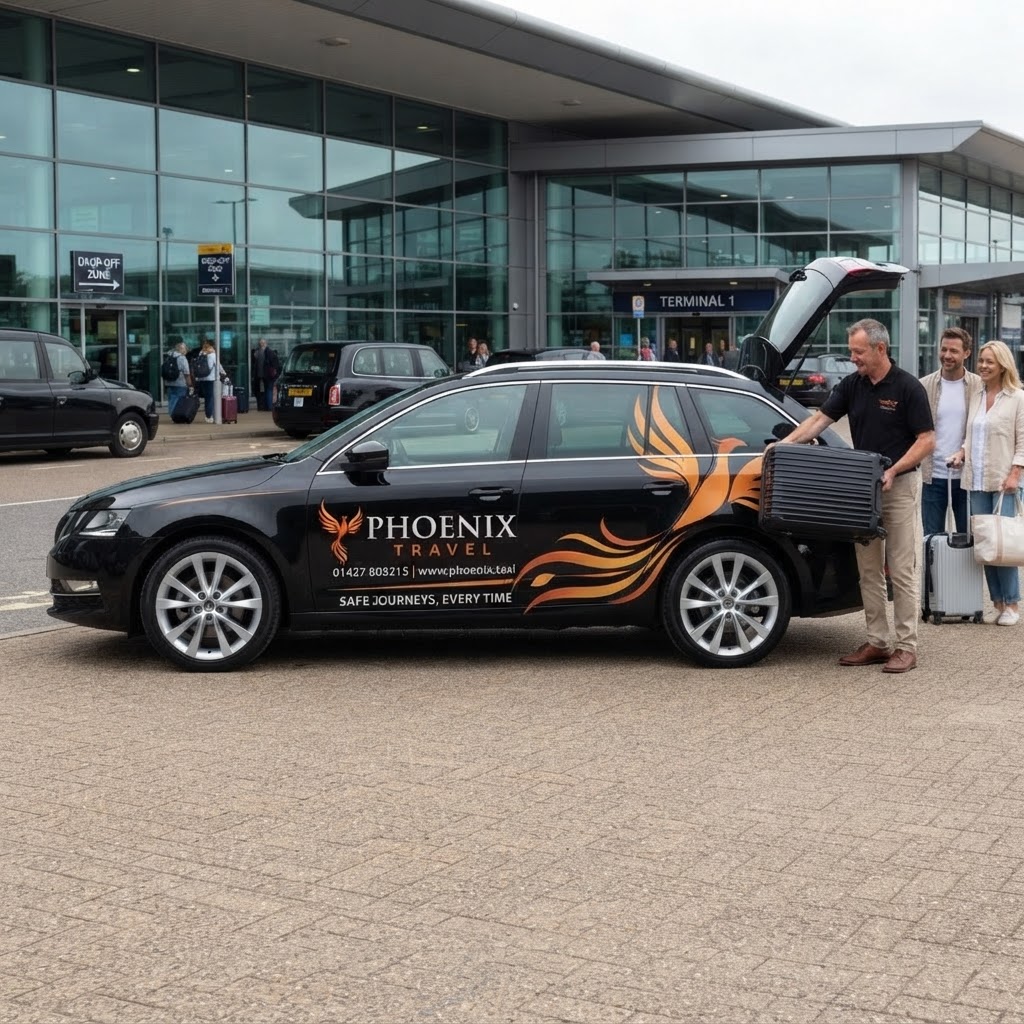 A Phoenix Travel driver meeting passengers with luggage outside a UK airport terminal