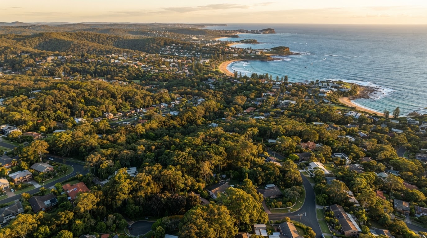Aerial view of the Central Coast, Sydney North Shore and Newcastle regions serviced by MS Tree Care