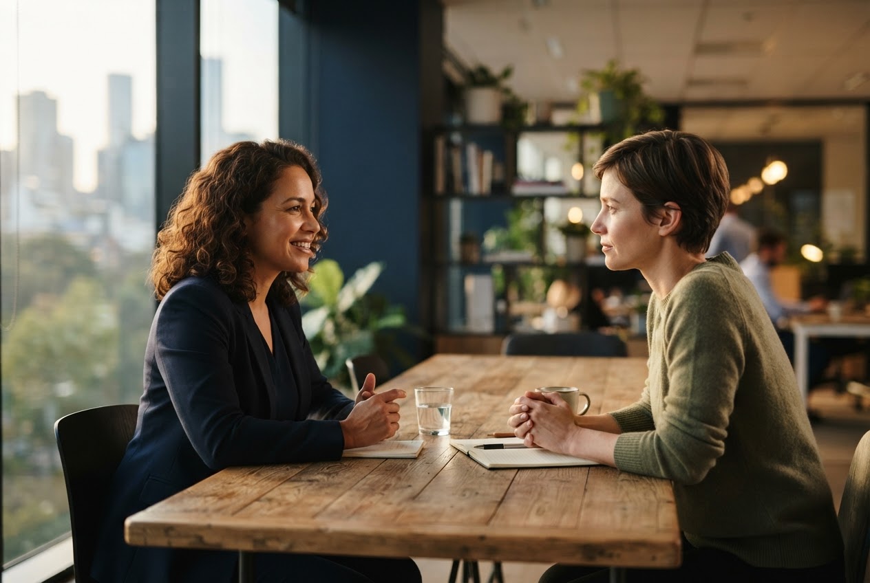 Deux professionnels en conversation dans un bureau lumineux, illustration d'une écoute attentive et respectueuse