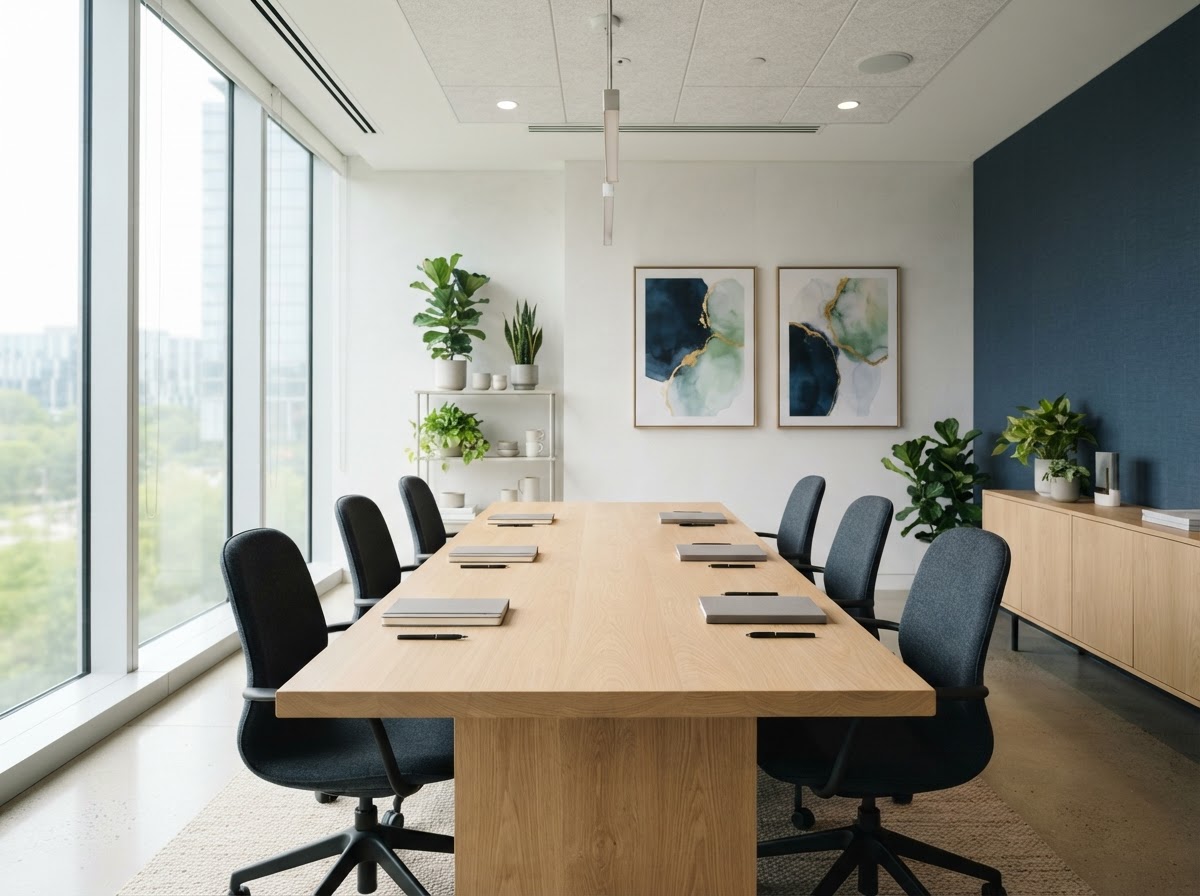 Salle de formation moderne, lumineuse et accessible, avec table en bois et chaises ergonomiques