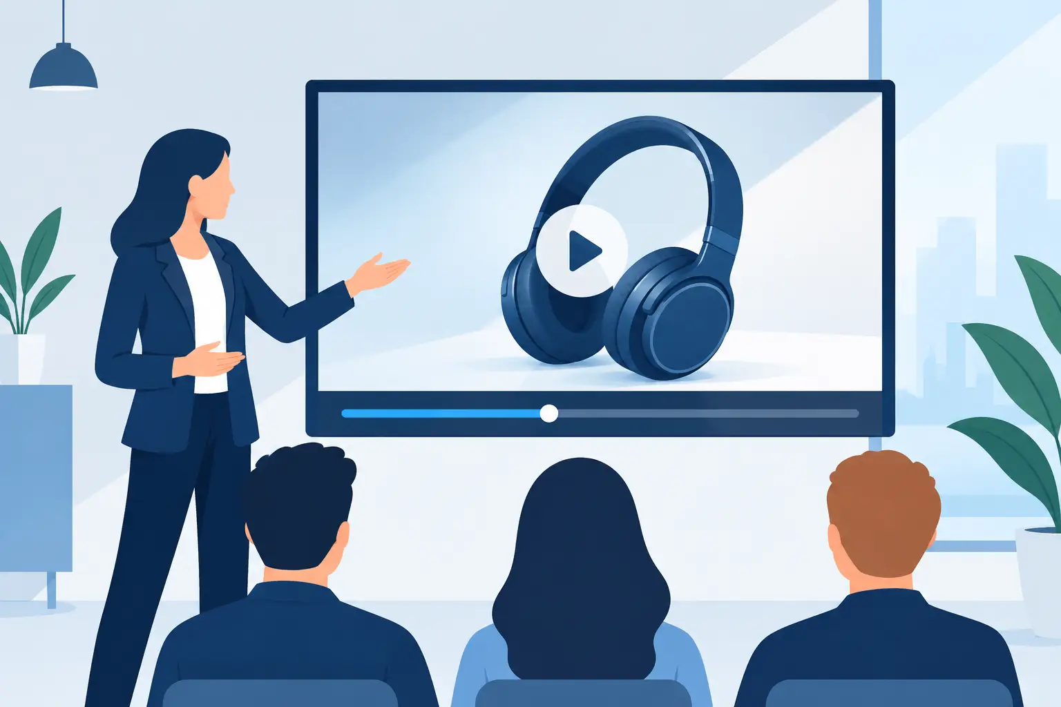 Produktpräsentation mit Video auf großem Bildschirm, Illustration