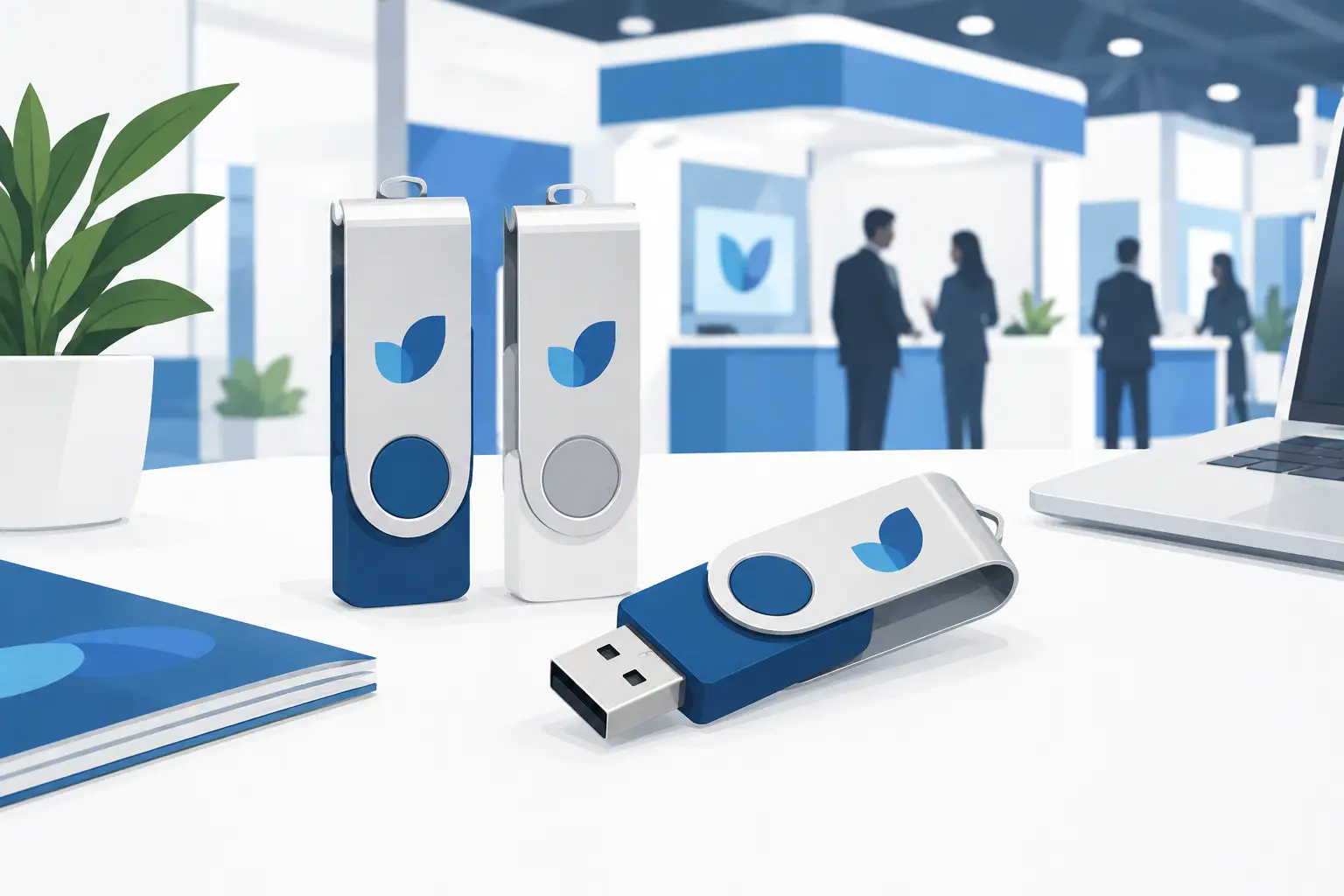 USB-Sticks mit Firmenlogo auf einem Messecounter, Illustration