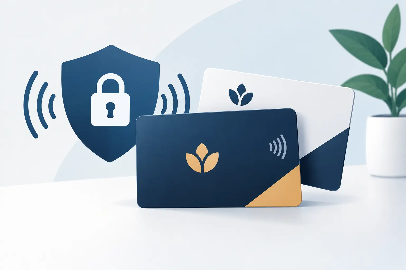 RFID Schutzkarten mit Logo im Kartenformat, Illustration mit Sicherheitsschild
