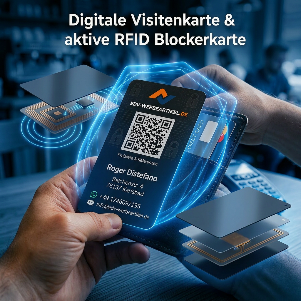 Digitale Visitenkarte und aktive RFID Blockerkarte von EDV-Werbeartikel.de