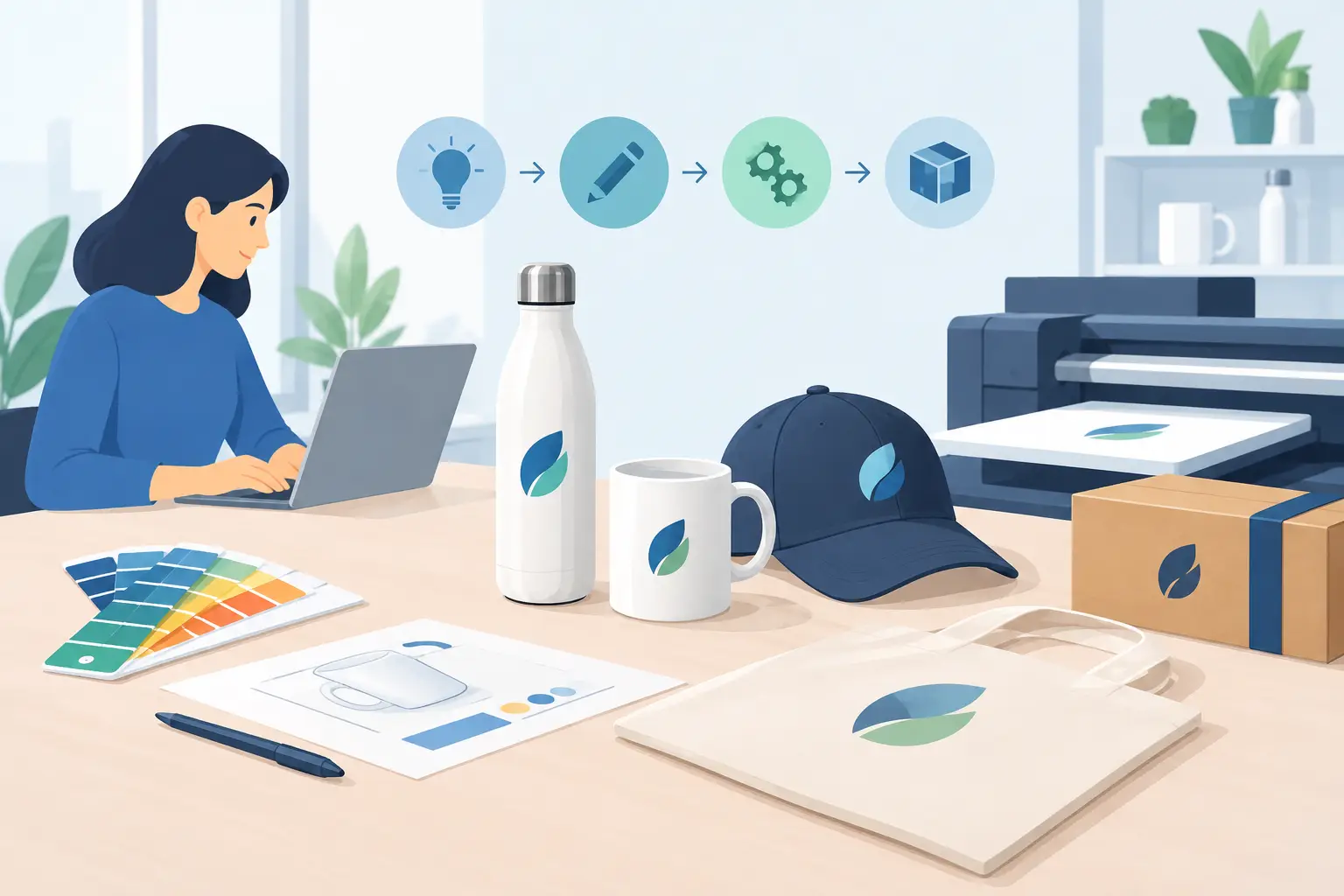 Individuell gestaltete Werbemittel mit Logo auf einem Arbeitstisch, Illustration
