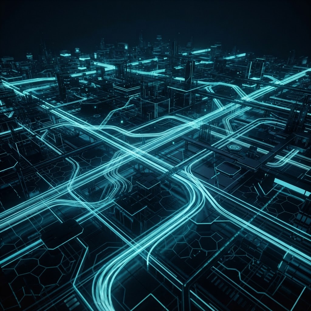 Network light trails through a dark grid city