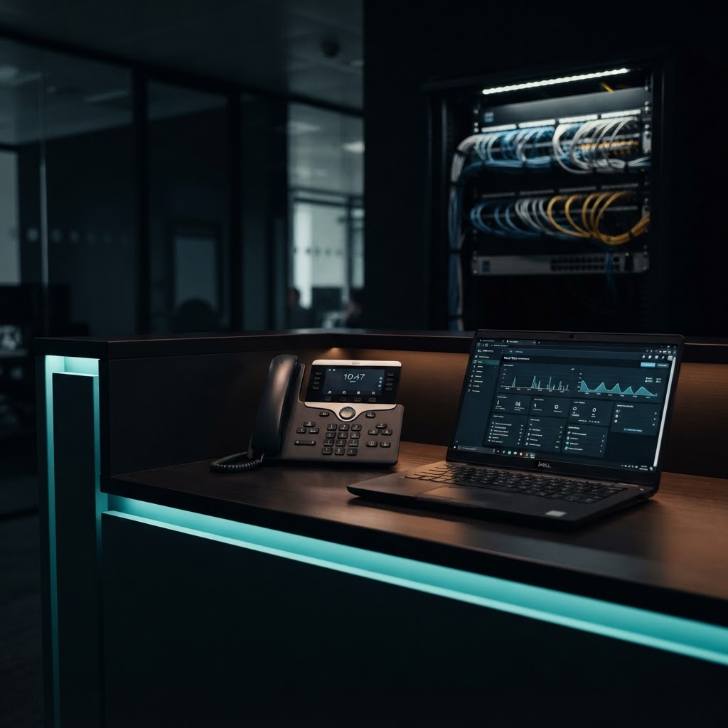 Dark modern office desk with a cloud VoIP handset and an IP network patch panel