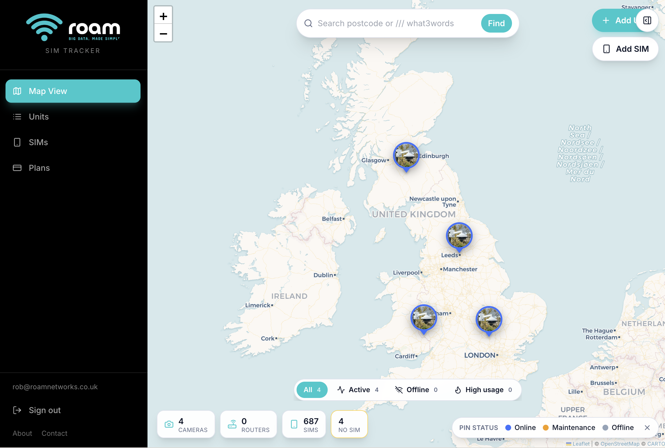 Roam SIM Tracker app — live map view of cameras, routers and SIMs with real-time status