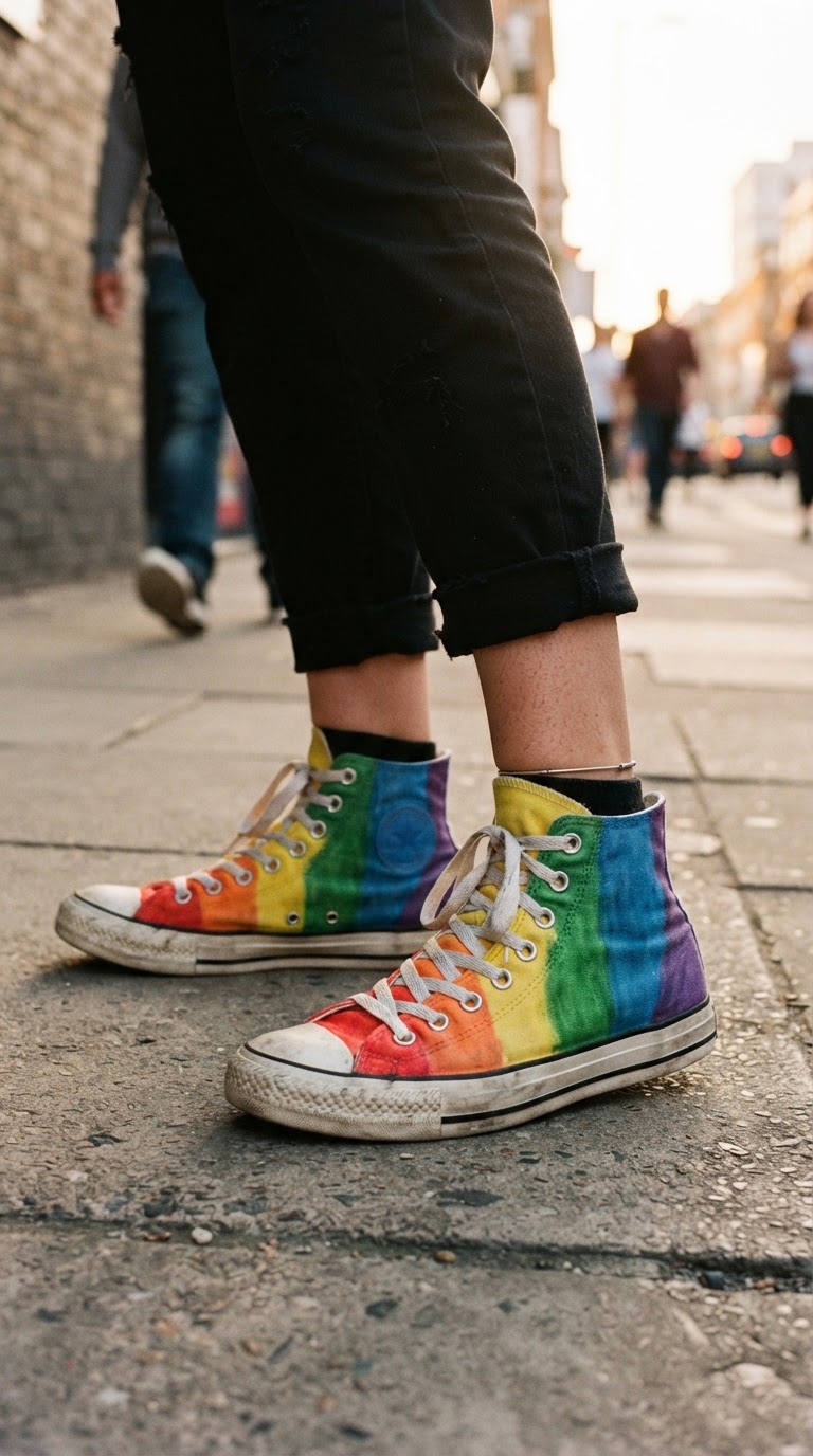 Close-up of white canvas sneakers with individual panels colored in rainbow pride gradient using permanent markers