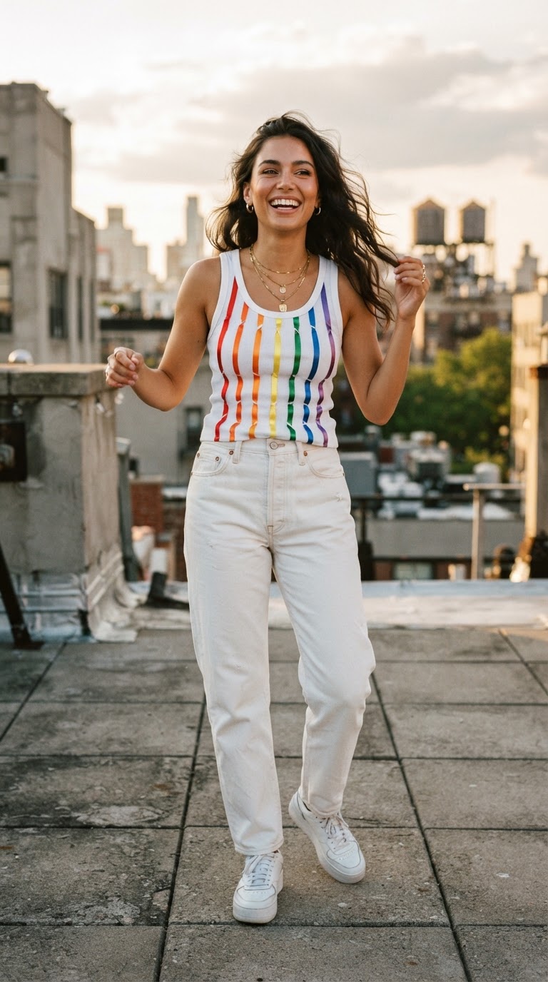 Woman wearing a white ribbed tank top with rainbow satin ribbons threaded vertically through the fabric, paired with high-waisted white denim