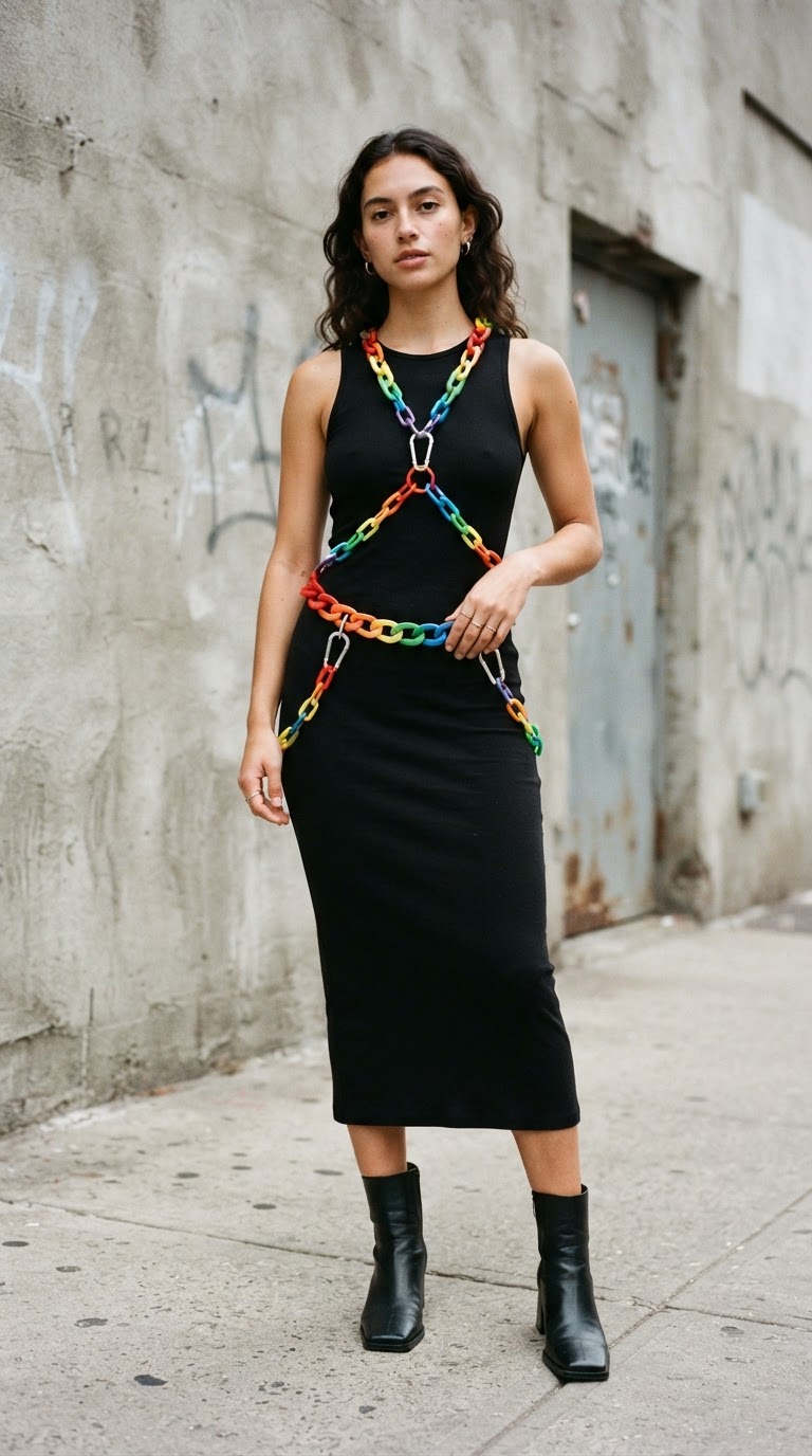 Woman wearing a matte black bodycon dress with a handmade belt made from oversized colorful plastic links in rainbow pride colors