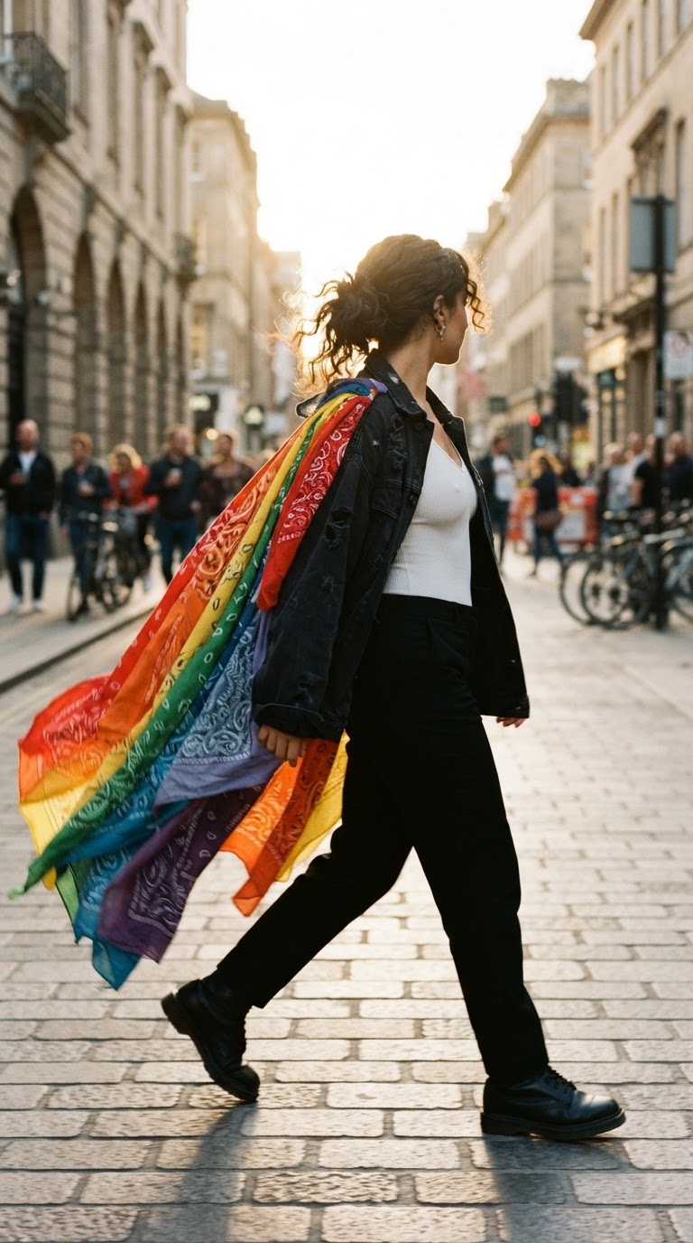 Woman wearing a white bodysuit with a dramatic flowing cape made from multiple rainbow-colored bandanas attached to the shoulders of a denim jacket