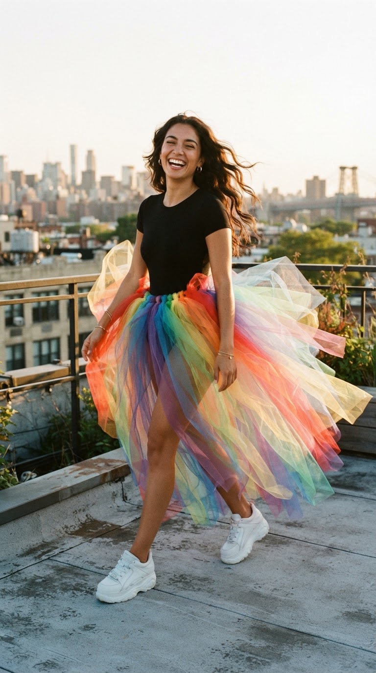 Woman wearing a black bodysuit with a voluminous multi-colored tulle overskirt in rainbow pride colors and chunky platform sneakers