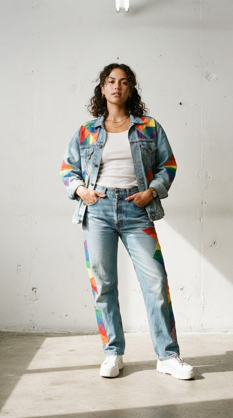 Woman wearing relaxed fit light-wash denim with geometric rainbow color blocks painted on pockets and seams