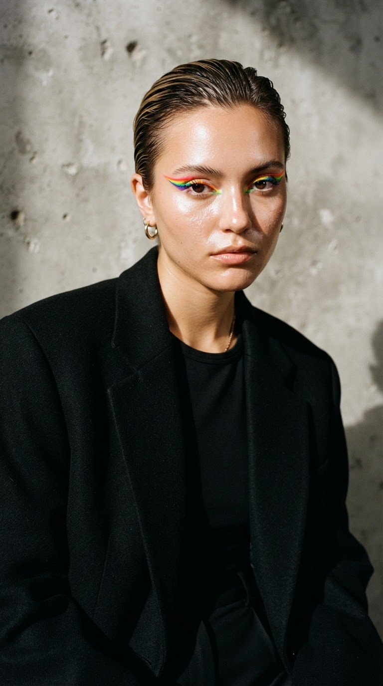 Woman in all-black minimalist outfit with sharp multi-colored neon graphic eyeliner wing extending toward the temple