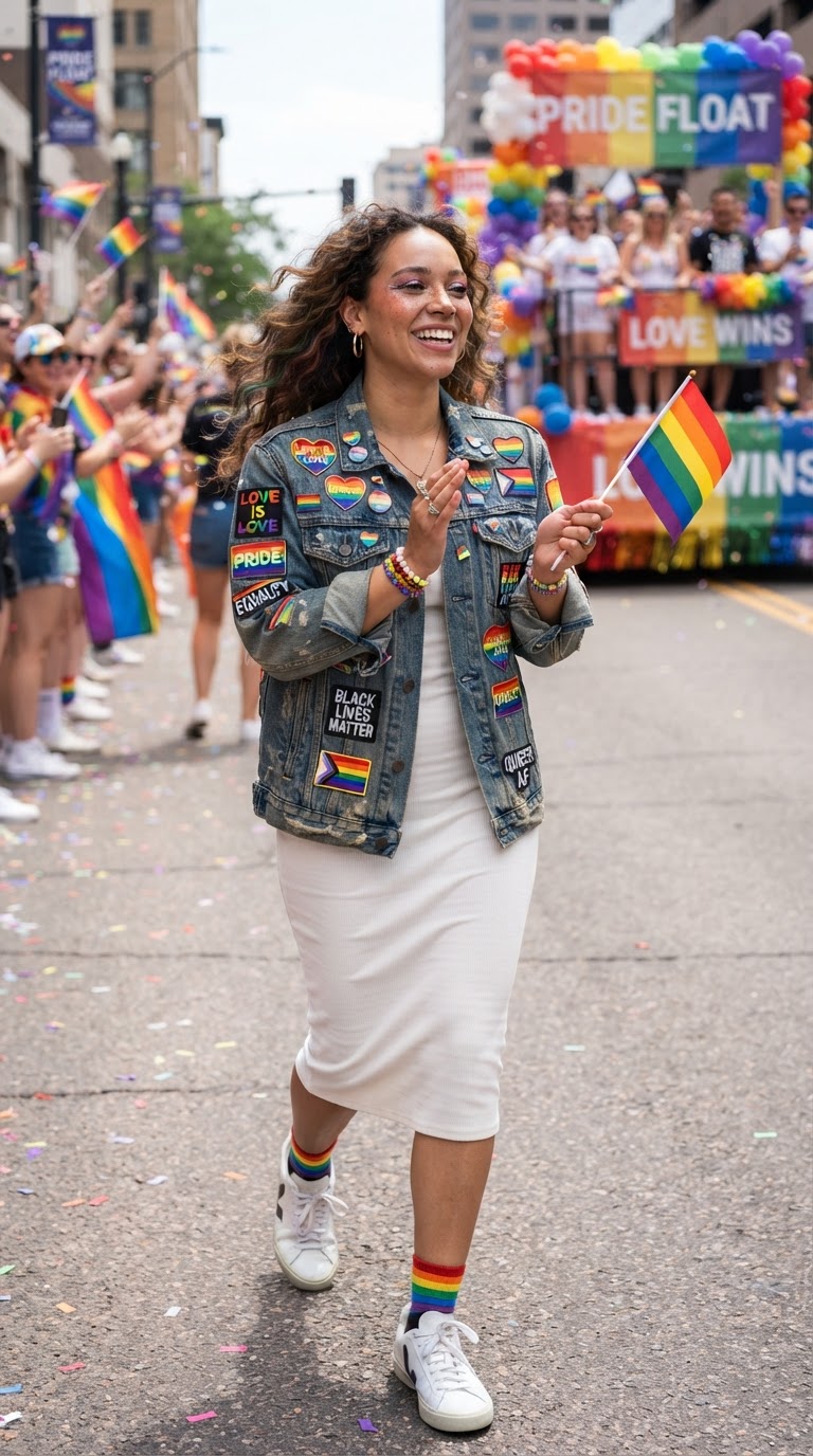 Pride Patch Denim Jacket Over White Dress
