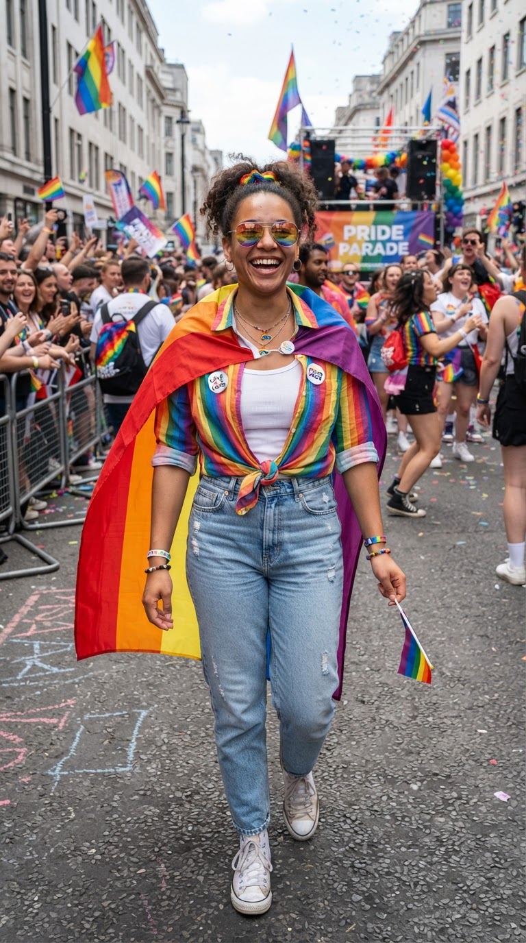 Rainbow Striped Button-Up with Mom Jeans