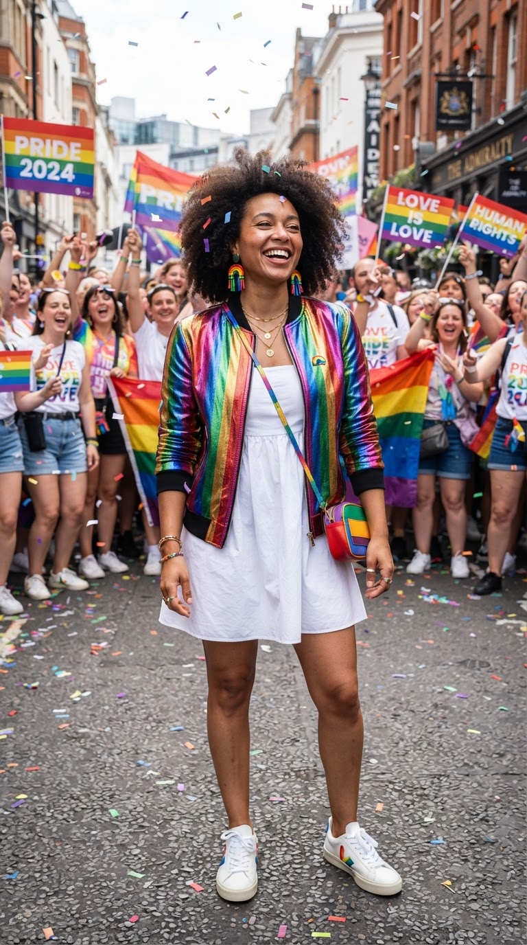 Metallic Rainbow Bomber Jacket with White Dress