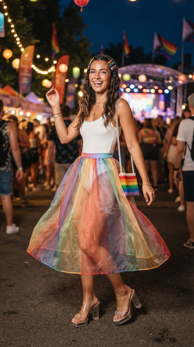 Sheer Rainbow Organza Midi Skirt with White Bodysuit