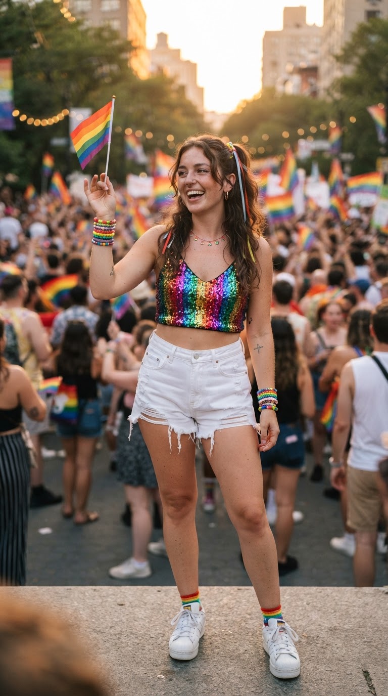 Rainbow Sequin Crop Top with White Denim Shorts
