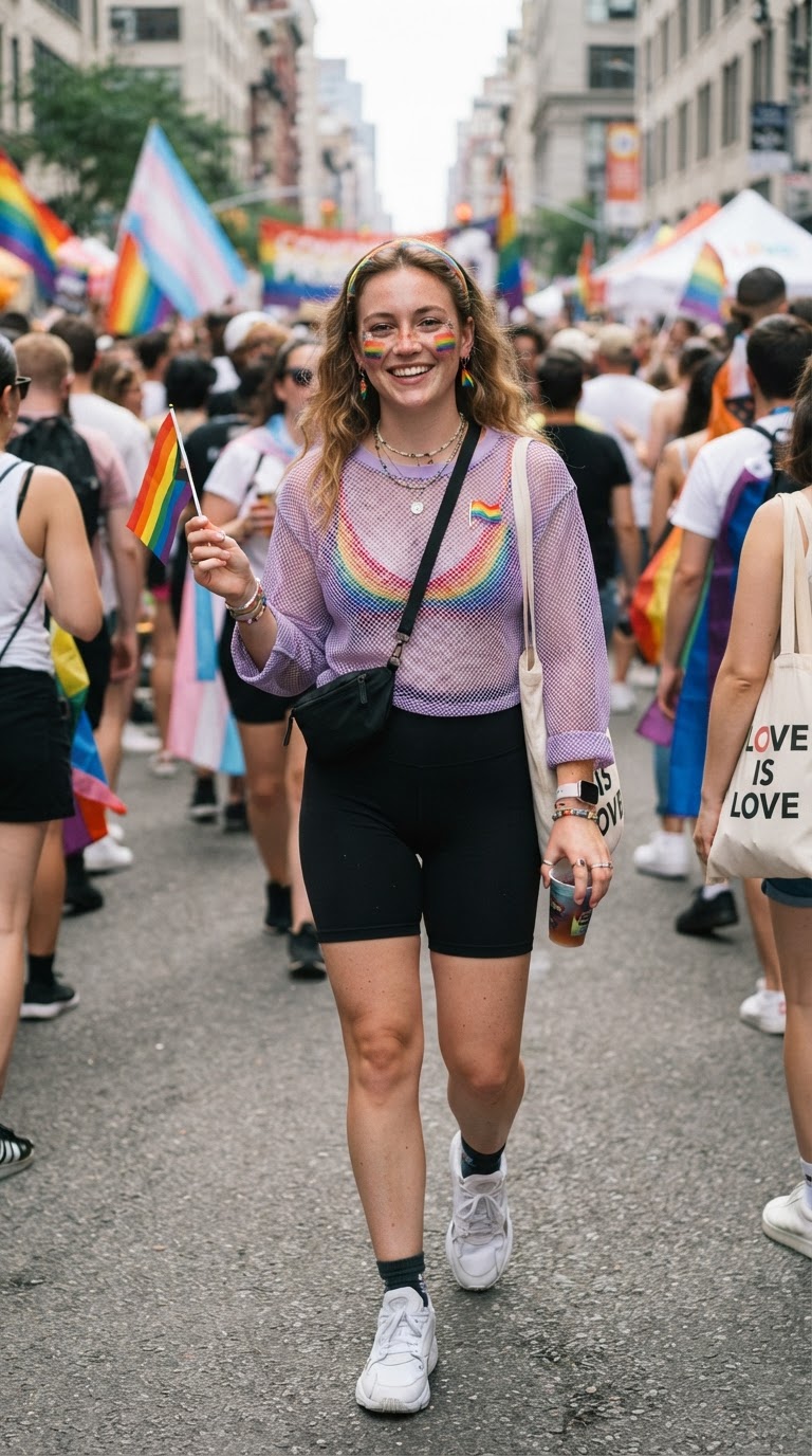 Mesh Top Layered Over Rainbow Bralette