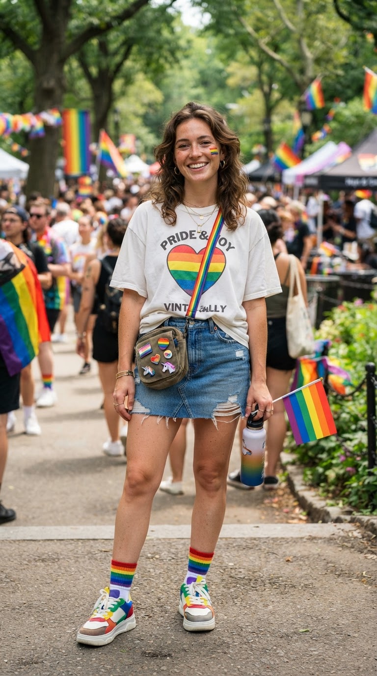 Pride Graphic Tee with Denim Mini Skirt