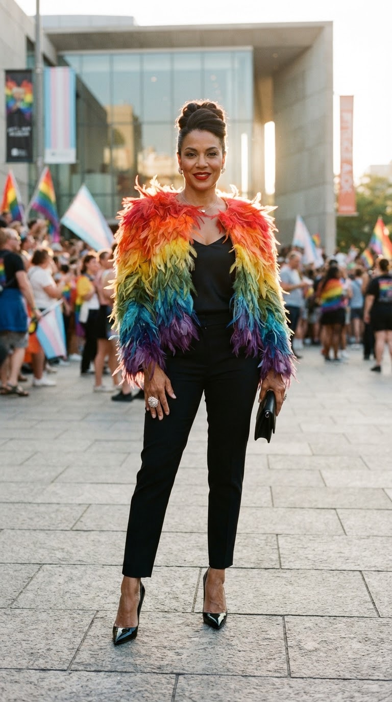 Woman in a dramatic rainbow ombre feathered cropped jacket over black tailored cigarette pants at a modern gallery entrance in golden hour light