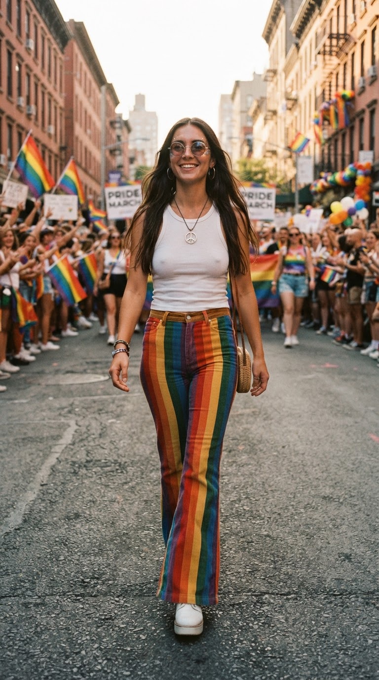Woman in rainbow flared bell-bottom pants with white platform shoes and round colored-lens sunglasses on a vintage city street