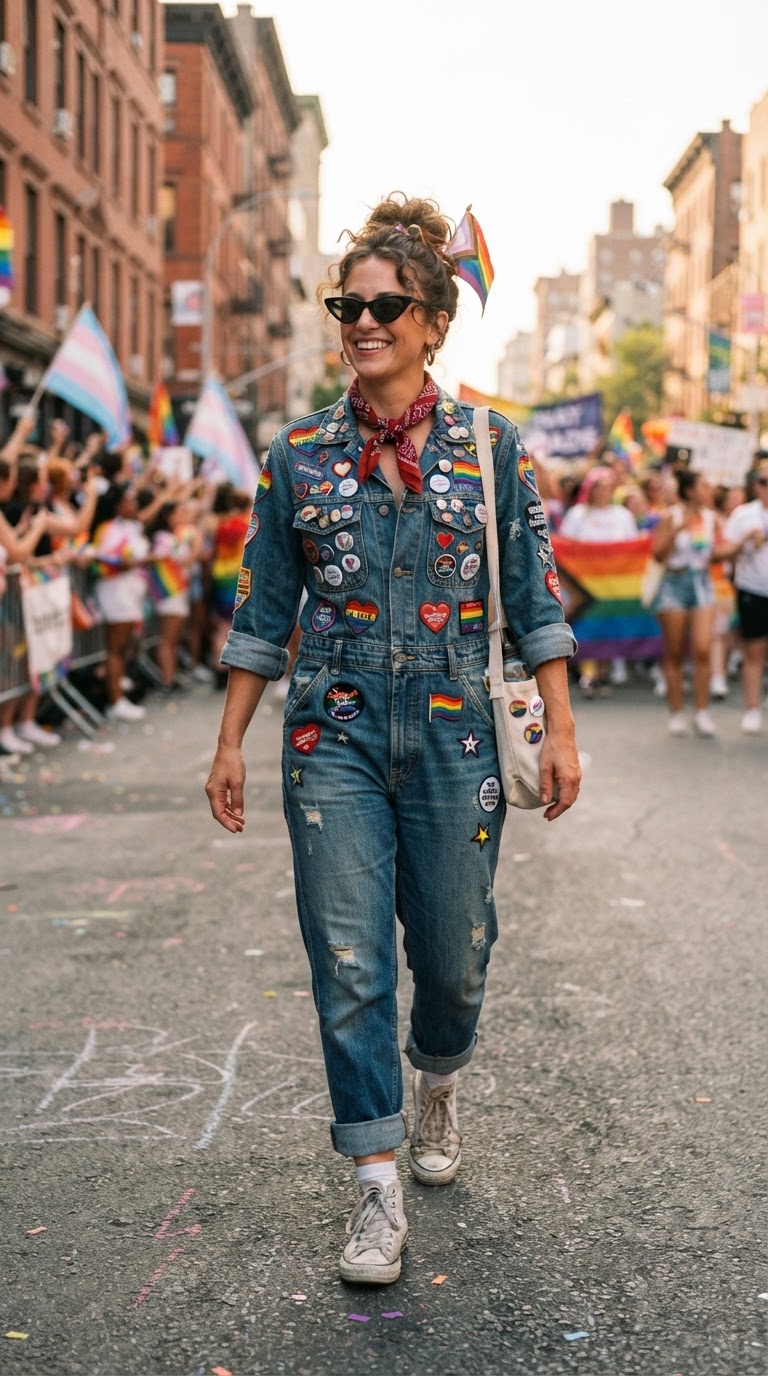 Woman in a vintage denim jumpsuit covered in rainbow embroidered patches and pride pins walking past brick buildings