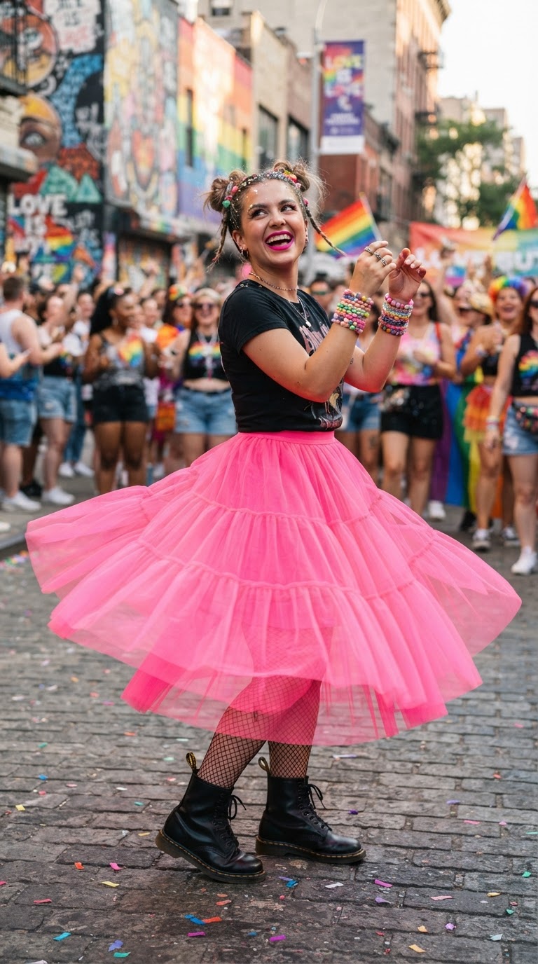 Woman spinning in a voluminous neon pink tulle midi skirt with a black graphic tee and combat boots at a pride parade