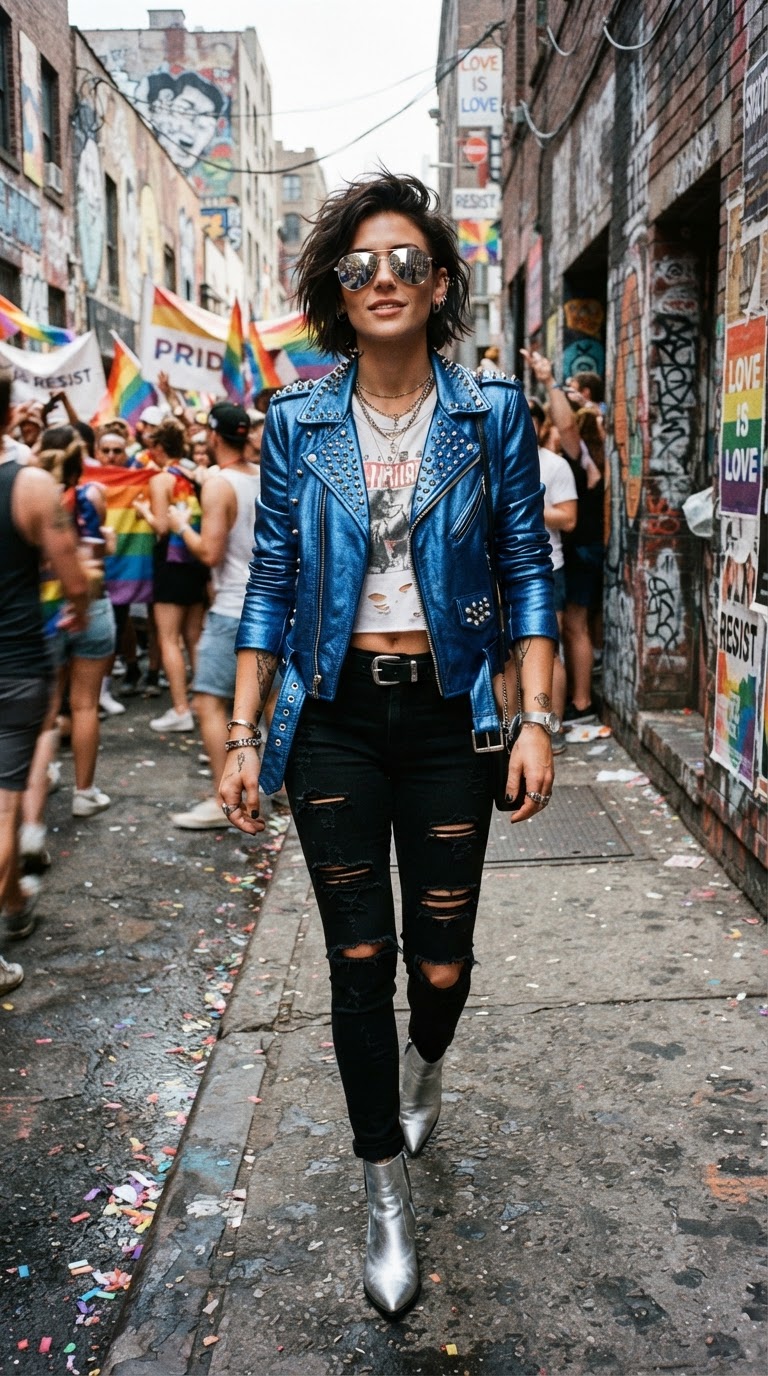 Woman in an electric blue metallic leather jacket with silver studs over ripped black jeans in a graffiti-lined alley