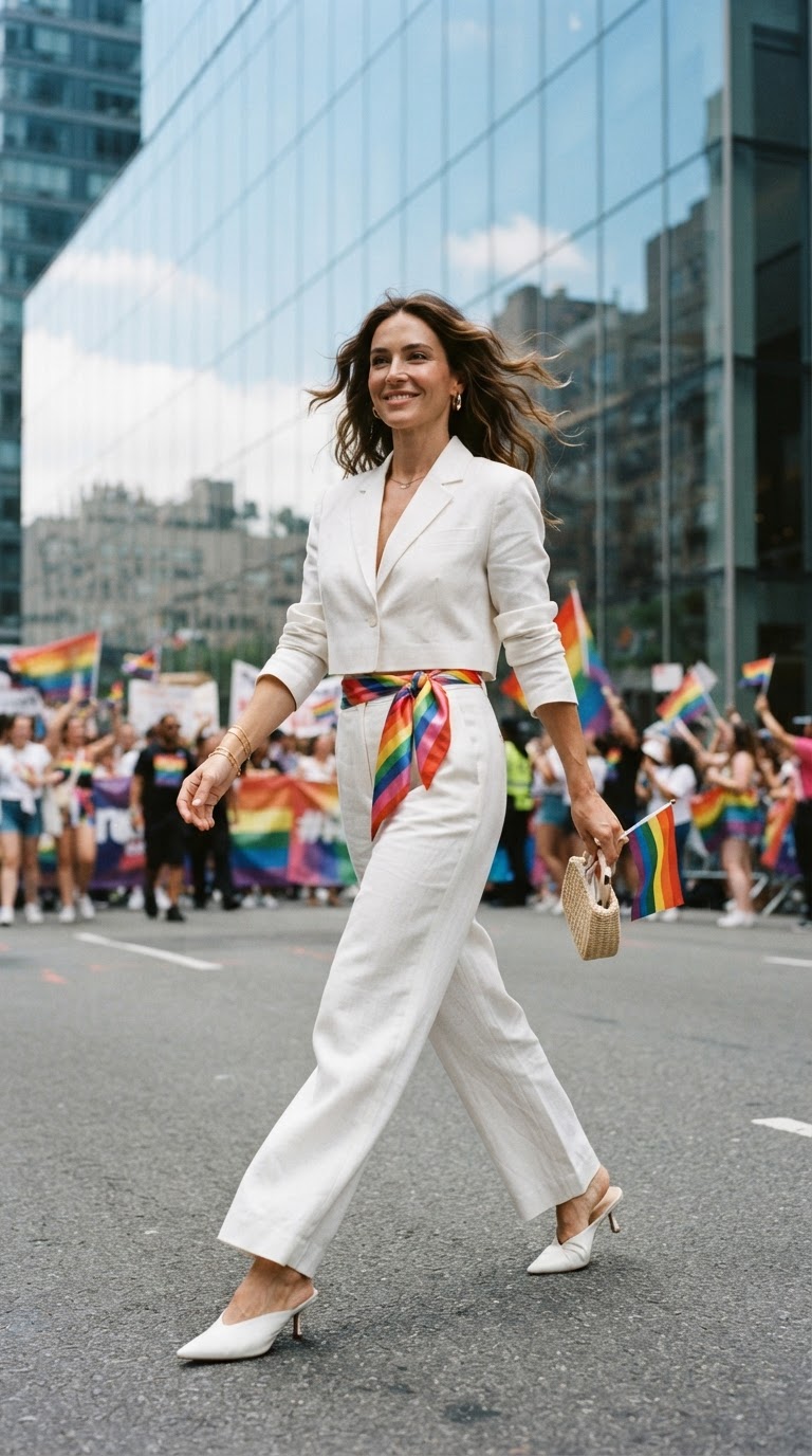 Woman in a structured white linen co-ord with a rainbow silk scarf belt walking past glass buildings in bright daylight