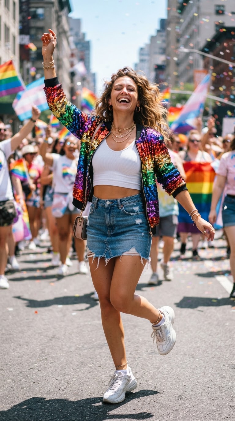 Joyful woman dancing in a rainbow sequined bomber jacket over a distressed denim mini-skirt at a pride march