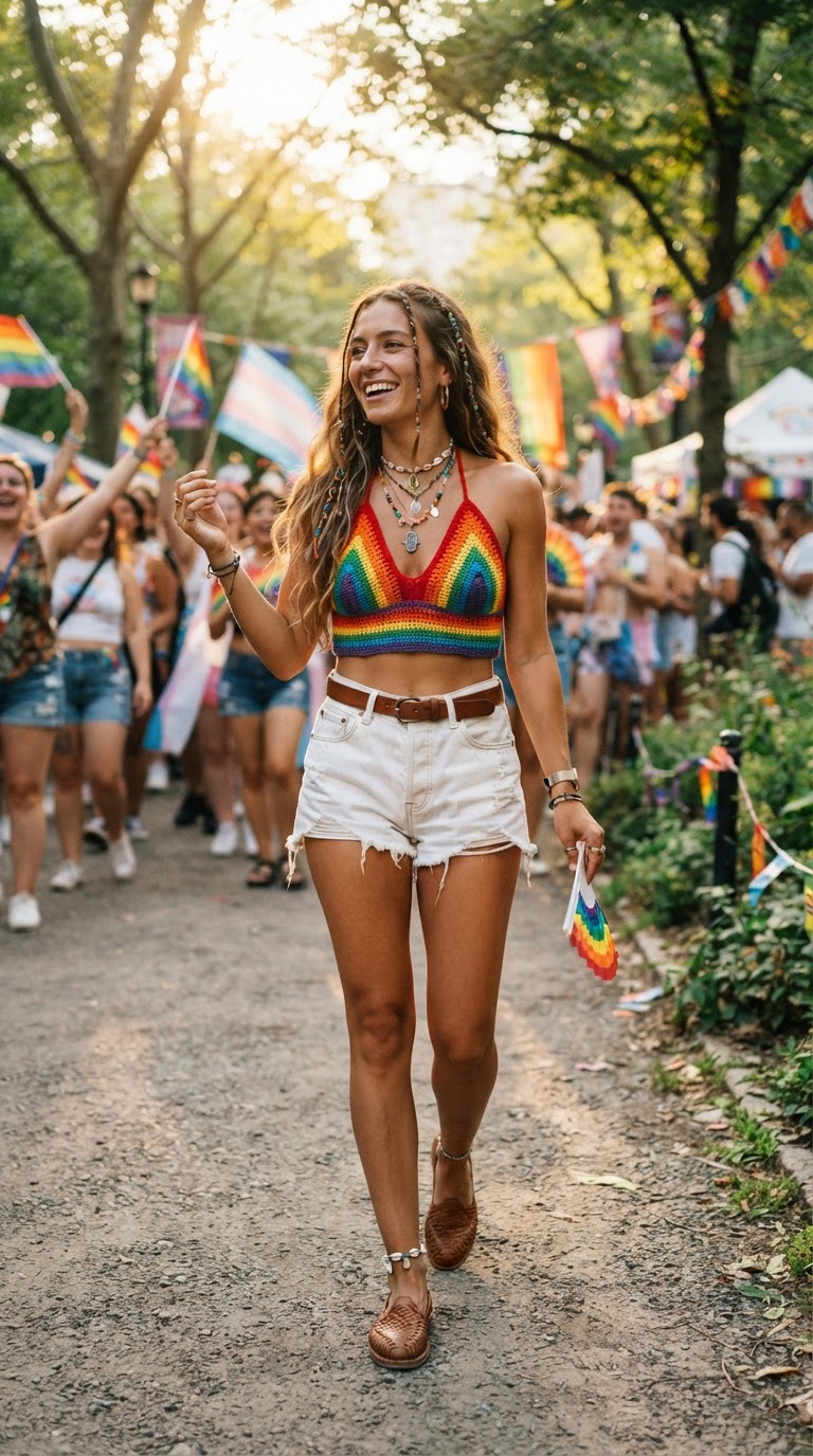 Woman in a rainbow crochet halter top and white denim shorts with bohemian jewelry in a sunlit park setting