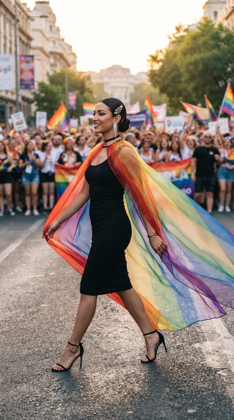 Woman in a floor-length sheer rainbow gradient cape billowing over a black bodycon dress on a wide city boulevard