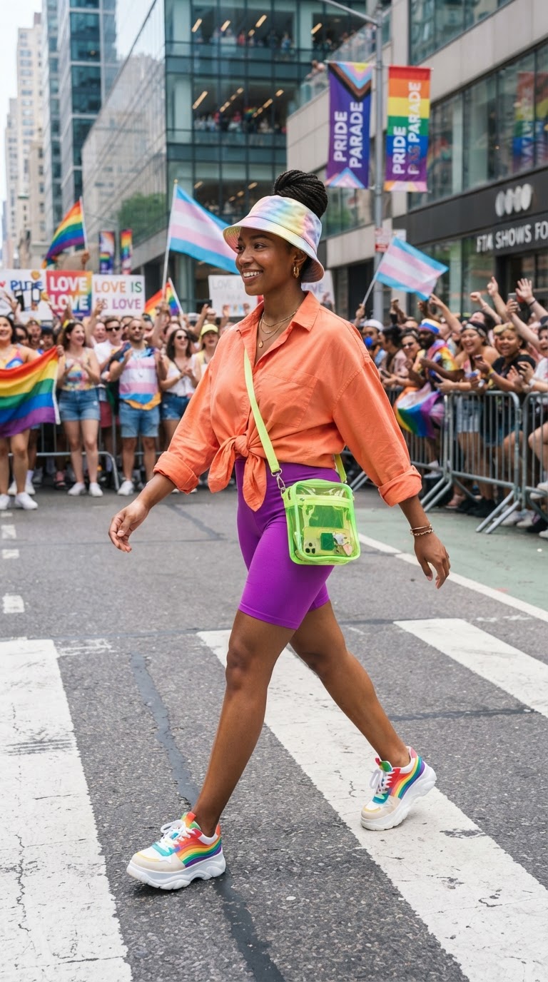 Woman in a coral orange oversized shirt and electric purple cycling shorts with a neon green crossbody bag on a city crosswalk