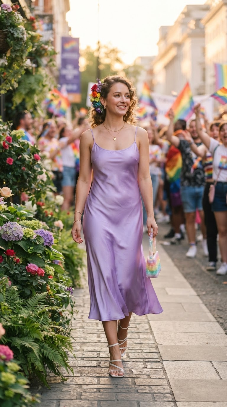 Woman in a lavender purple satin slip dress with fresh flowers in her hair on a flower-lined street in golden sunlight